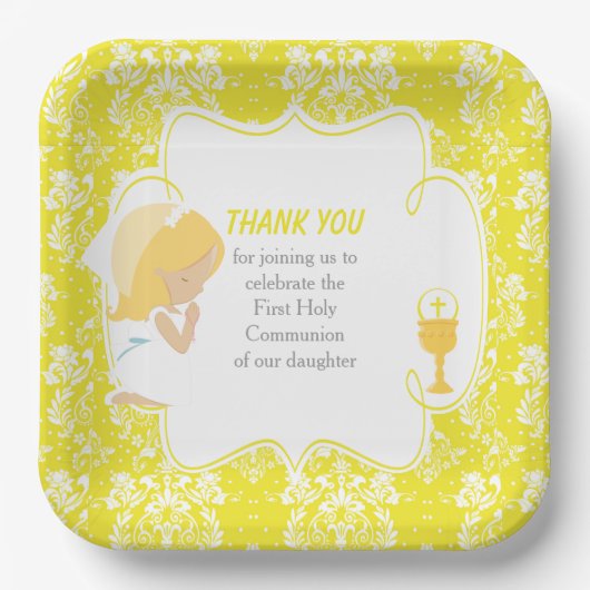 Blonde Girl Yellow Damask Pappteller (Vorderseite)