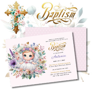 Blonde Girl's BAPTISM Lila Gold Floral Cross Einladung