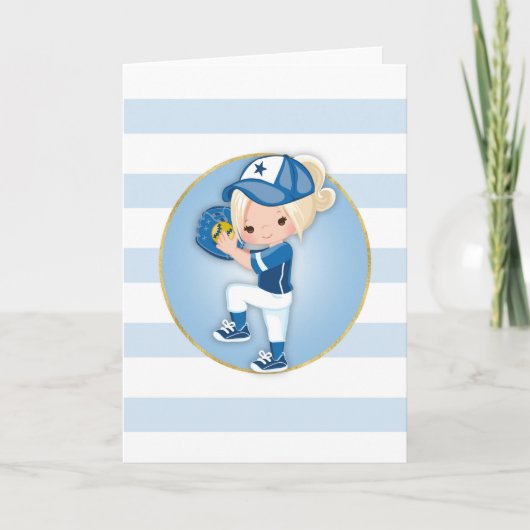Blonde Girls Blue Softball Karte (Vorderseite)