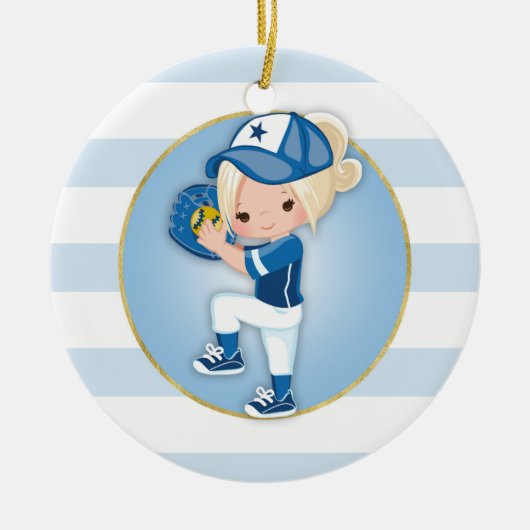 Blonde Girls Blue Softball Keramik Ornament (Vorne)