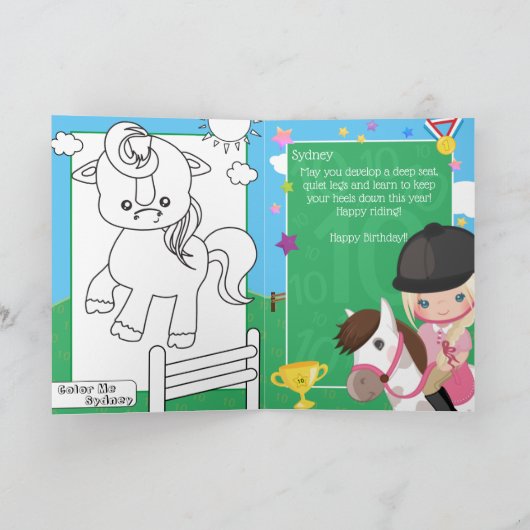 Blonde Girls Reittiere Farbseite Geburtstag Karte (Innenseite)
