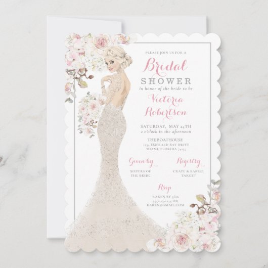 Blonde Glam Bride im Gown-Brautparty Einladung (Vorderseite)