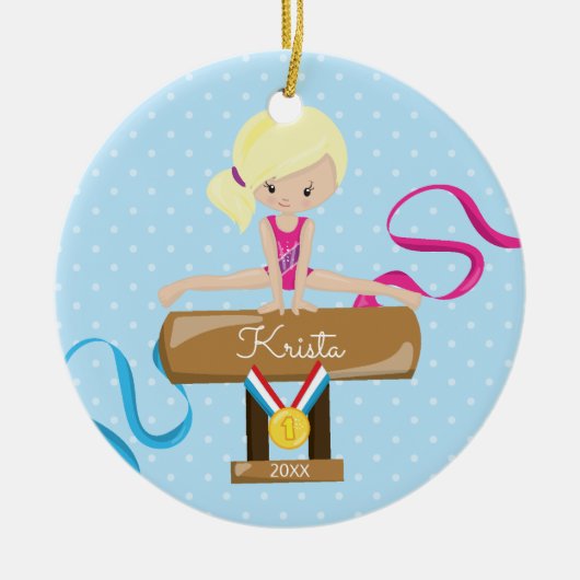 Blonde Gymnast-Gymnastik-Weihnachtsverzierung Keramikornament (Vorne)