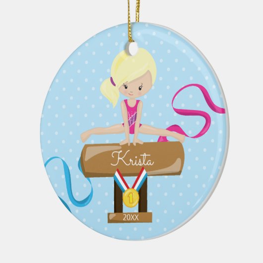 Blonde Gymnast-Gymnastik-Weihnachtsverzierung Keramikornament (Links)