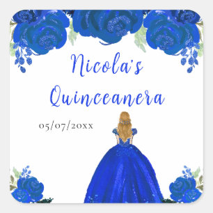 Blonde-Haar-Prinzessin Blaue Florale Quinceanera Quadratischer Aufkleber