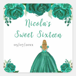 Blonde-Haar Prinzessin Grüne Blumen Sweet Sixteen Quadratischer Aufkleber