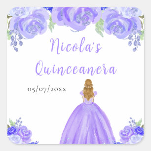 Blonde-Haar-Prinzessin lila Blumen Quinceanera Quadratischer Aufkleber