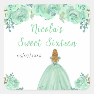 Blonde-Haar-Prinzessin Mint-Blumen Sweet Sixteen  Quadratischer Aufkleber