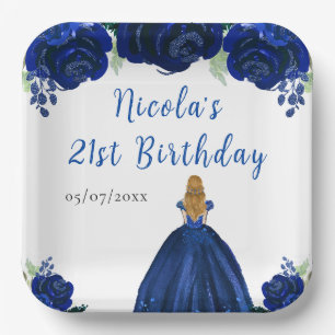 Blonde-Haar-Prinzessin-Navy-Blumen-Geburtstagsfeie Pappteller