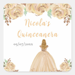 Blonde-Haar-Prinzessin Peach Floral Quinceanera Quadratischer Aufkleber