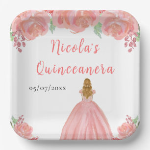 Blonde Haar Prinzessin Pink Floral Quinceanera Pappteller