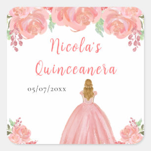 Blonde-Haar-Prinzessin Pinke Florale Quinceanera Quadratischer Aufkleber