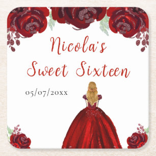 Blonde-Haar-Prinzessin Rote Florale Sweet Sixteen  Rechteckiger Pappuntersetzer