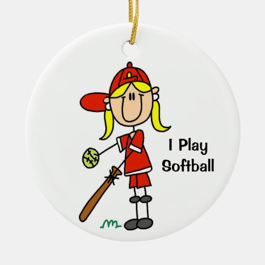 Blonde Haar-Strichmännchen Softball Frau Keramik Ornament (Vorne)