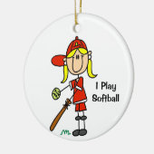 Blonde Haar-Strichmännchen Softball Frau Keramik Ornament (Links)