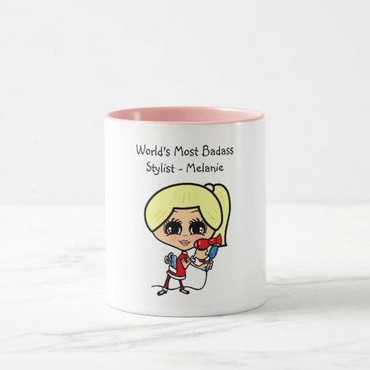Blonde Haare Stylist Karikatur TASSE Personalisier (Zentrum)