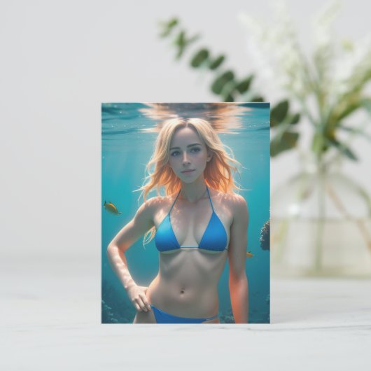 Blonde Haaresün Blauer Bikini Unterwasser-Foto Postkarte (Stehend Vorderseite)