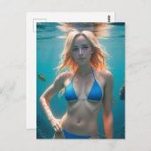 Blonde Haaresün Blauer Bikini Unterwasser-Foto Postkarte (Vorne/Hinten)