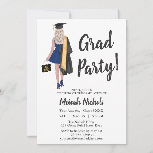 Blonde Hair Abschluss Uni Uni Girl Trendy Einladung (Vorderseite)