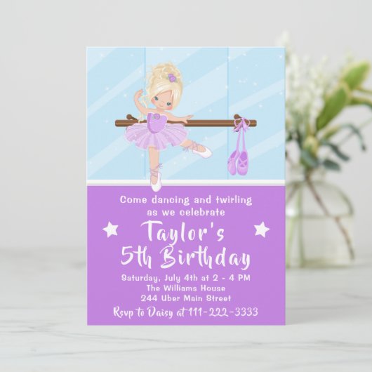 Blonde Hair Ballerina Lila Tutu Birthday Invi Einladung (Stehend Vorderseite)