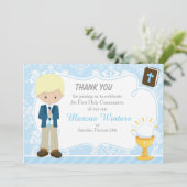 Blonde Hair Boy Erste Kommune Damask Dankeskarte (Stehend Vorderseite)