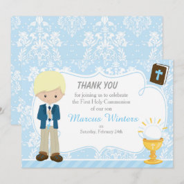 Blonde Hair Boy Erste Kommune Damask Dankeskarte