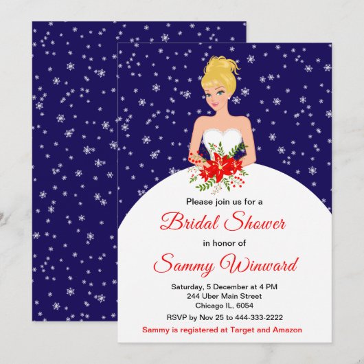 Blonde Hair Bride Snowflake Navy Brautparty Einladung (Vorne/Hinten)