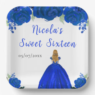 Blonde Hair Princess Blue Floral 16 . Geburtstag Pappteller