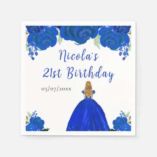 Blonde Hair Princess Blue Floral Birthday Party Serviette (Vorderseite)