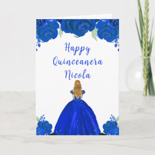 Blonde Hair Princess Blue Floral Quinceanera Karte