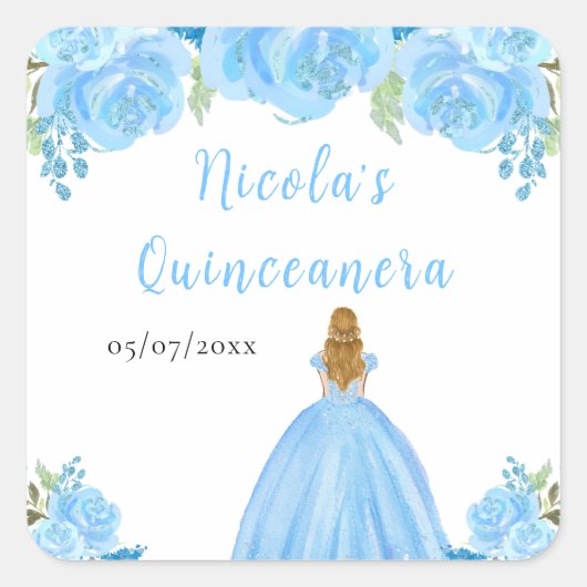 Blonde Hair Princess Blue Floral Quinceanera Quadratischer Aufkleber (Vorderseite)
