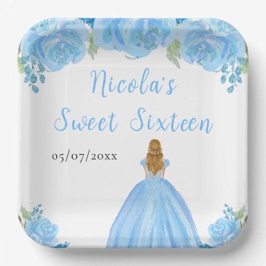 Blonde Hair Princess Blue Floral Sweet Sixteen Pappteller (Vorderseite)