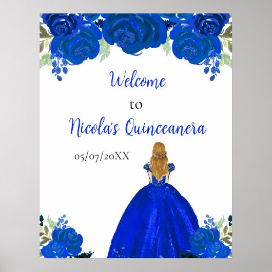 Blonde Hair Princess Blue Quinceanera Welcome Poster (Vorne)