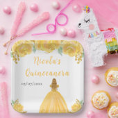 Blonde Hair Princess Gold Floral Quinceanera Pappteller (Party)