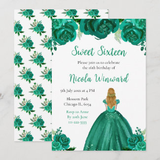 Blonde Hair Princess Green Floral 16 . Geburtstag Einladung