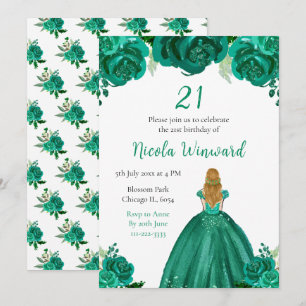 Blonde Hair Princess Green Floral Birthday Party Einladung