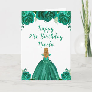 Blonde Hair Princess Green Floral Birthday Party Karte