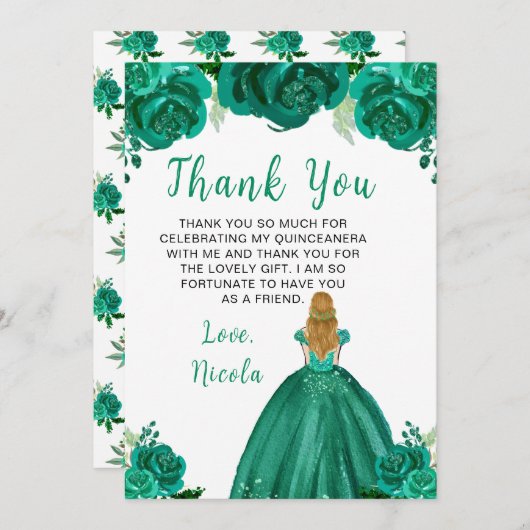 Blonde Hair Princess Green Floral Quinceanera Dankeskarte (Vorne/Hinten)
