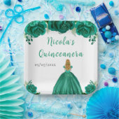 Blonde Hair Princess Green Floral Quinceanera Pappteller (Party)