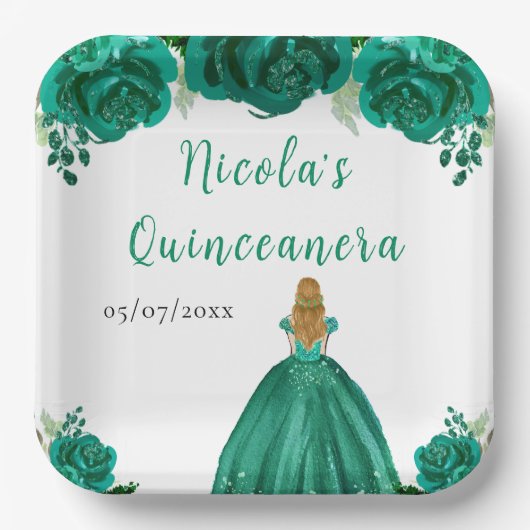 Blonde Hair Princess Green Floral Quinceanera Pappteller (Vorderseite)