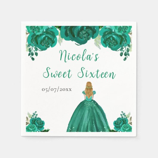Blonde Hair Princess Green Floral Sweet Sixteen Serviette (Vorderseite)