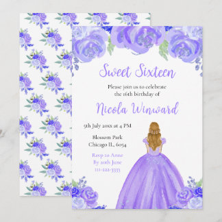 Blonde Hair Princess Lila Floral 16 . Geburtstag Einladung