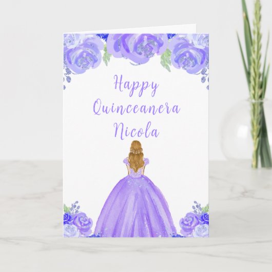 Blonde Hair Princess Lila Floral Quinceanera Karte (Vorderseite)