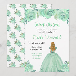 Blonde Hair Princess Minze Floral 16 . Geburtstag Einladung