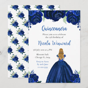 Blonde Hair Princess Navy Floral Quinceanera Einladung
