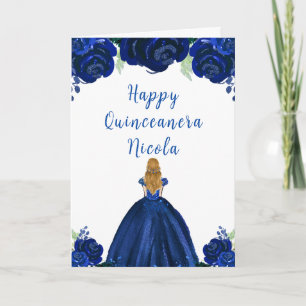Blonde Hair Princess Navy Floral Quinceanera Karte