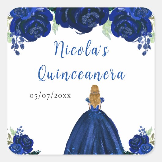 Blonde Hair Princess Navy Floral Quinceanera Quadratischer Aufkleber (Vorderseite)