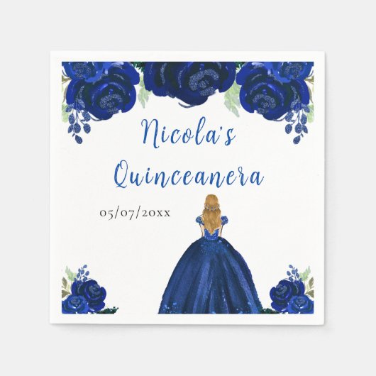 Blonde Hair Princess Navy Floral Quinceanera Serviette (Vorderseite)