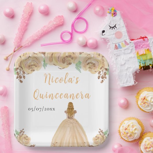 Blonde Hair Princess Peach Floral Quinceanera Pappteller (Party)