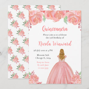 Blonde Hair Princess Pink Floral Quinceanera Einladung